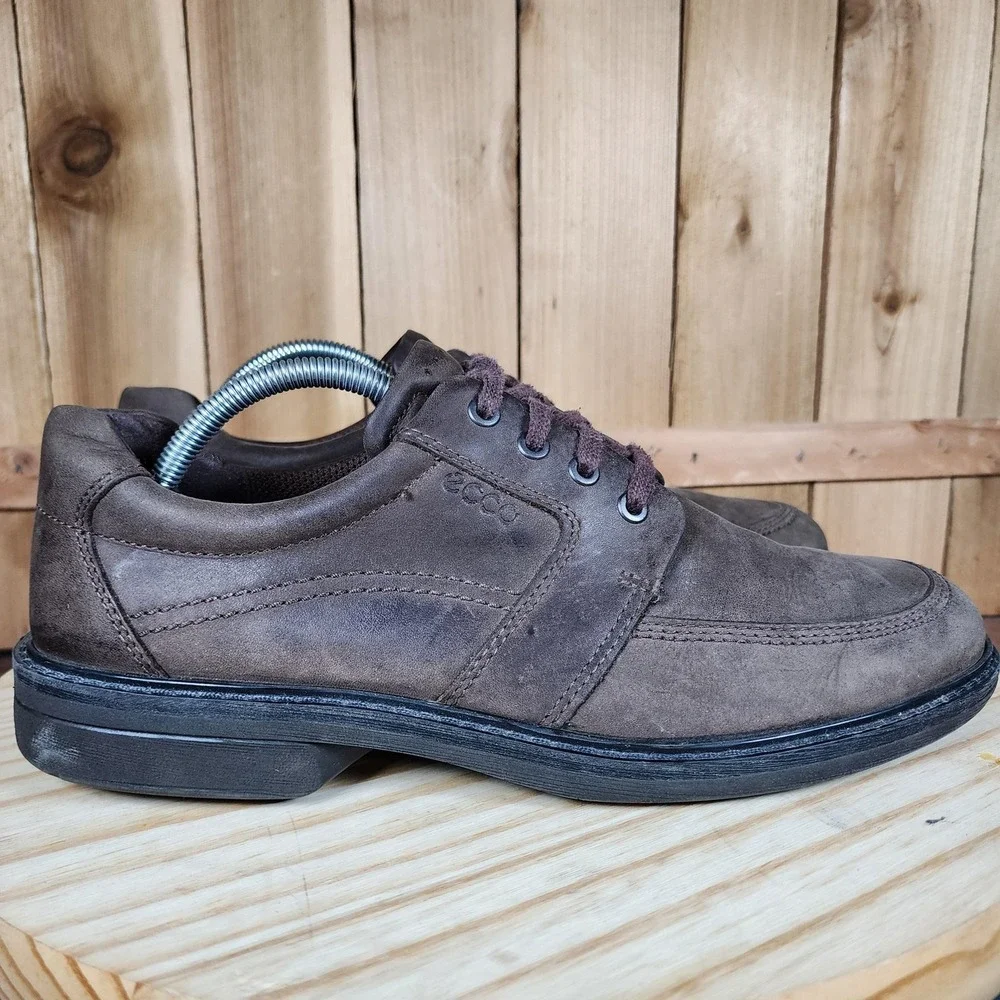 Ecco Fusion II Tie Lace Up Shoes Mens 10 44 Brown Leather Casual Walking Moc Toe